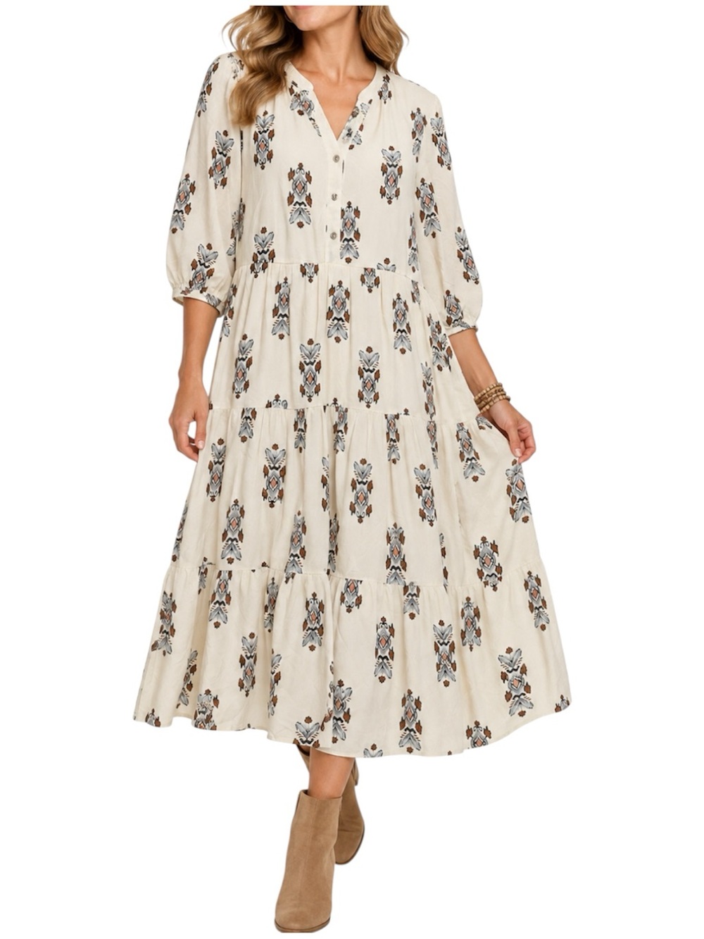 Figueroa & Flower Large Ivory Boho Floral Tiered Midi Dress Rayon 3/4 Sleeve